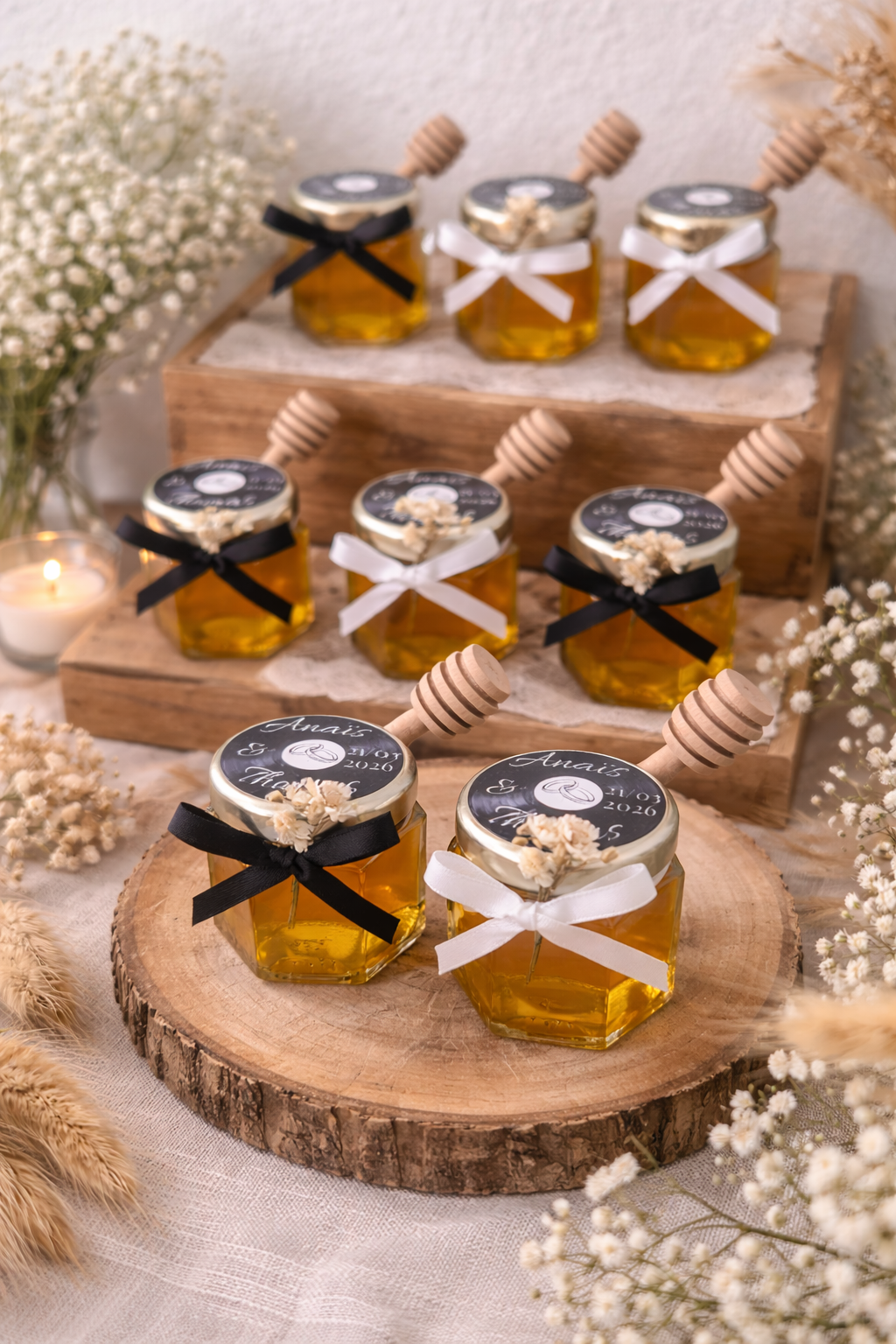 Pot de miel hexagonal + cuillère en bois + fleurs séchées
