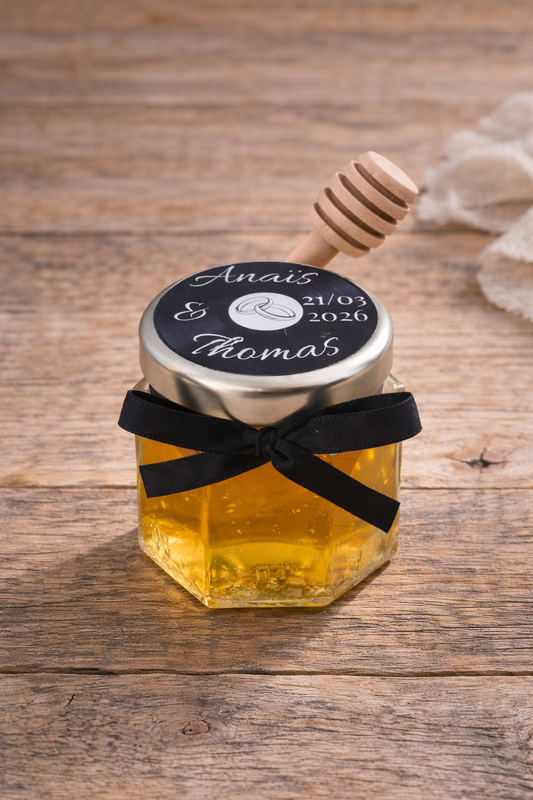 Pot de miel hexagonal +cuillère en bois