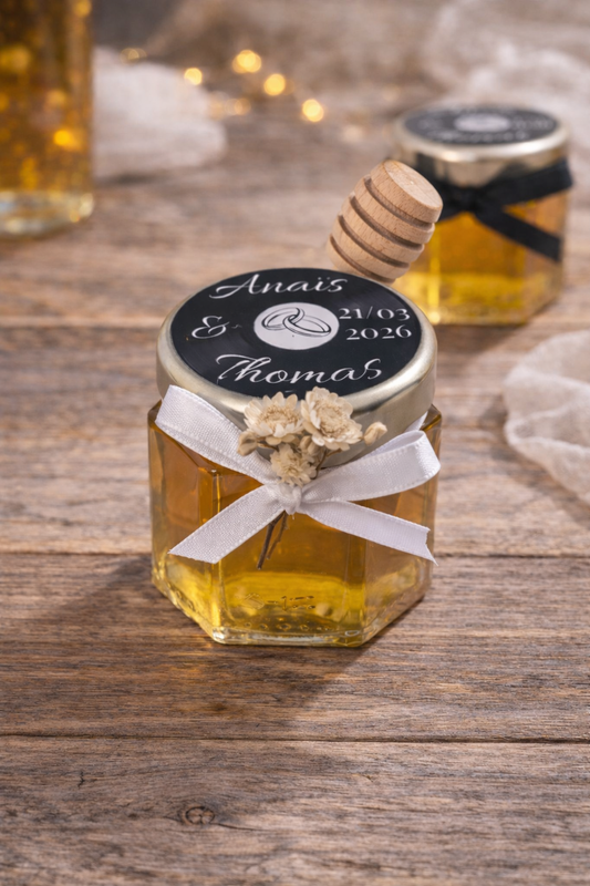 Pot de miel hexagonal + cuillère en bois + fleurs séchées